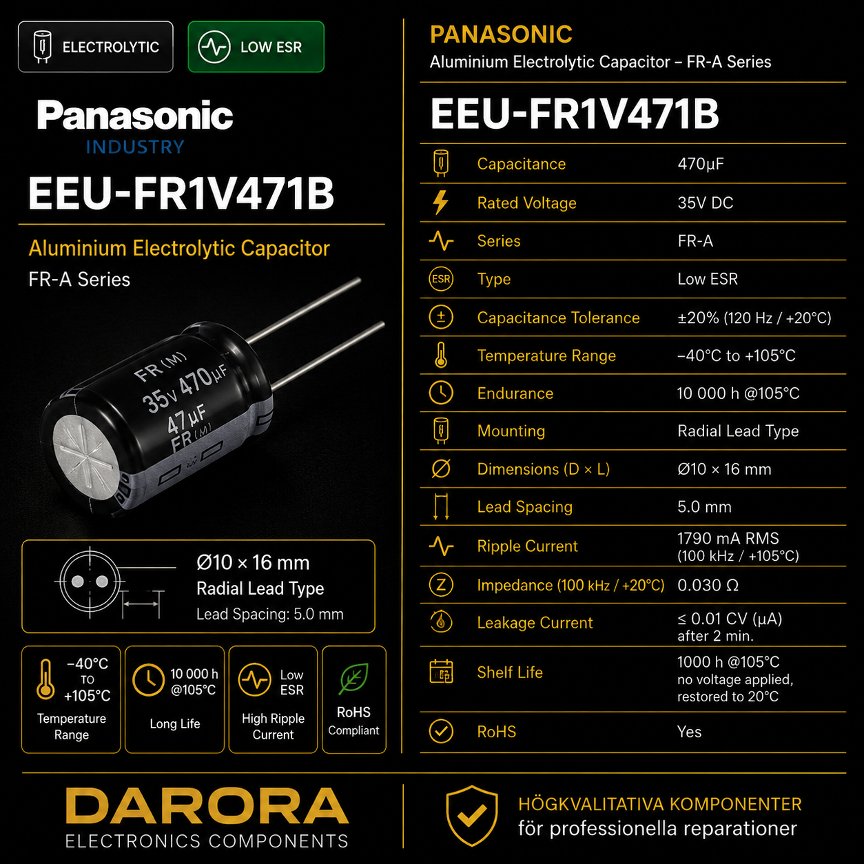 Panasonic EEU-FR1V471B 470µF 35V Low ESR aluminium electrolytic capacitor specification card by DARORA Electronics Components.