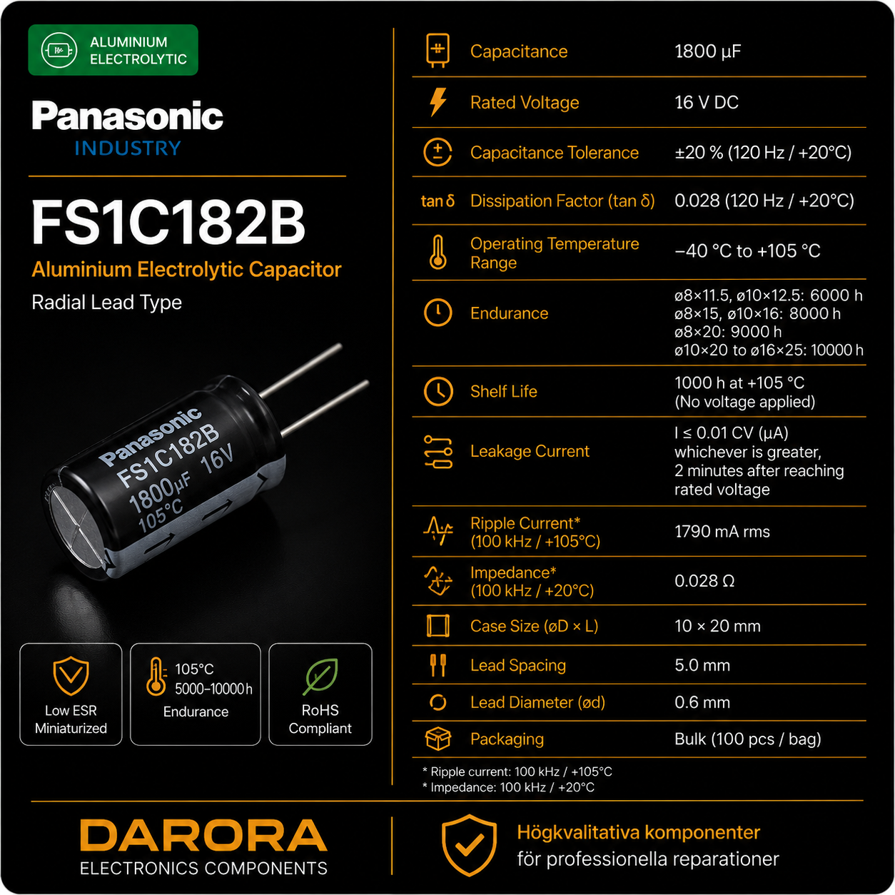 Panasonic FS1C182B 1800µF 16V Low ESR aluminium electrolytic capacitor specification card by DARORA Electronics Components.