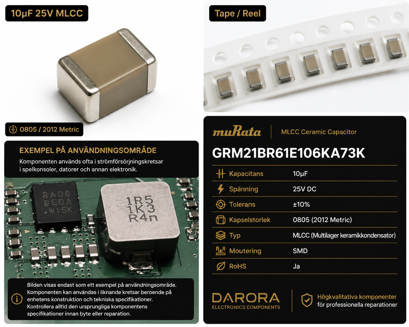 Murata GRM21BR61E106KA73K – 10µF 25V MLCC SMD Ceramic Capacitor (0805 / 2012 Metric)