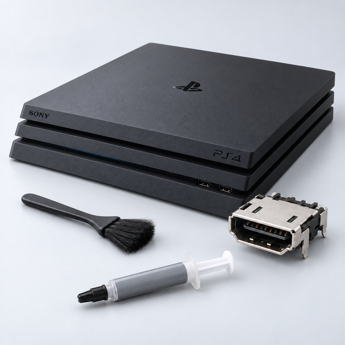 Illustration av PS4 Pro med HDMI-kontakt, rengöringsborste och kylpasta