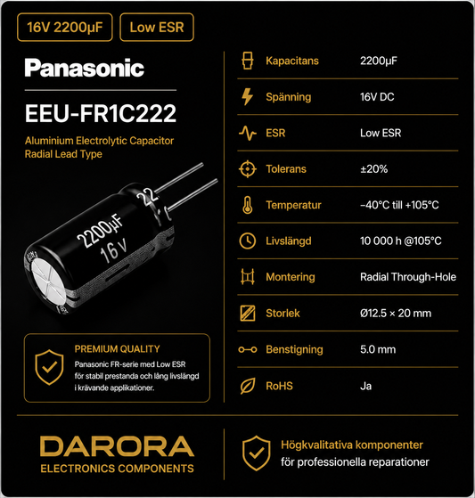 Panasonic EEU-FR1C222 2200µF 16V Low ESR radial elektrolytkondensator – DARORA spec-kort