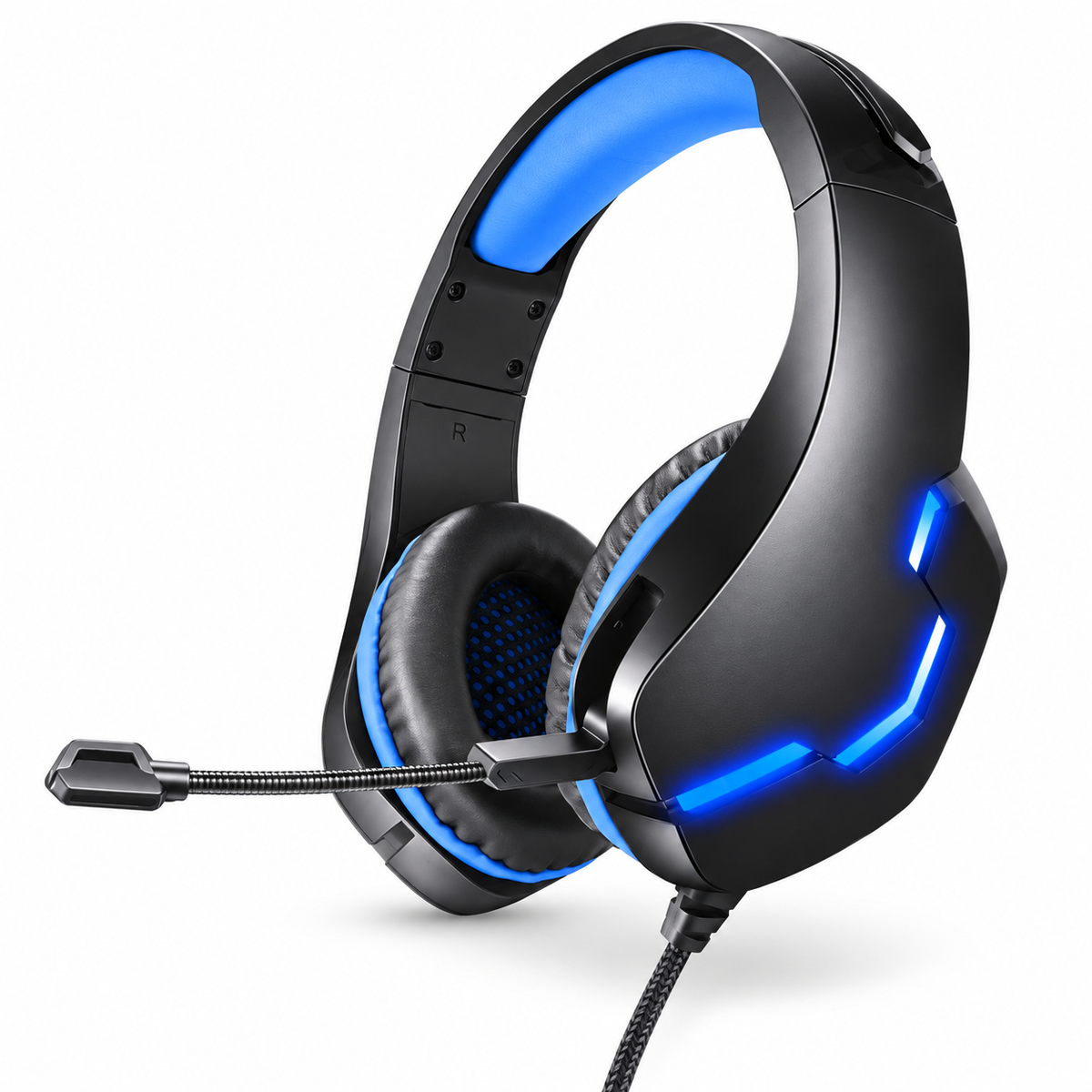 J10 Gaming Headset svart/blå med LED-belysning och flexibel mikrofonarm