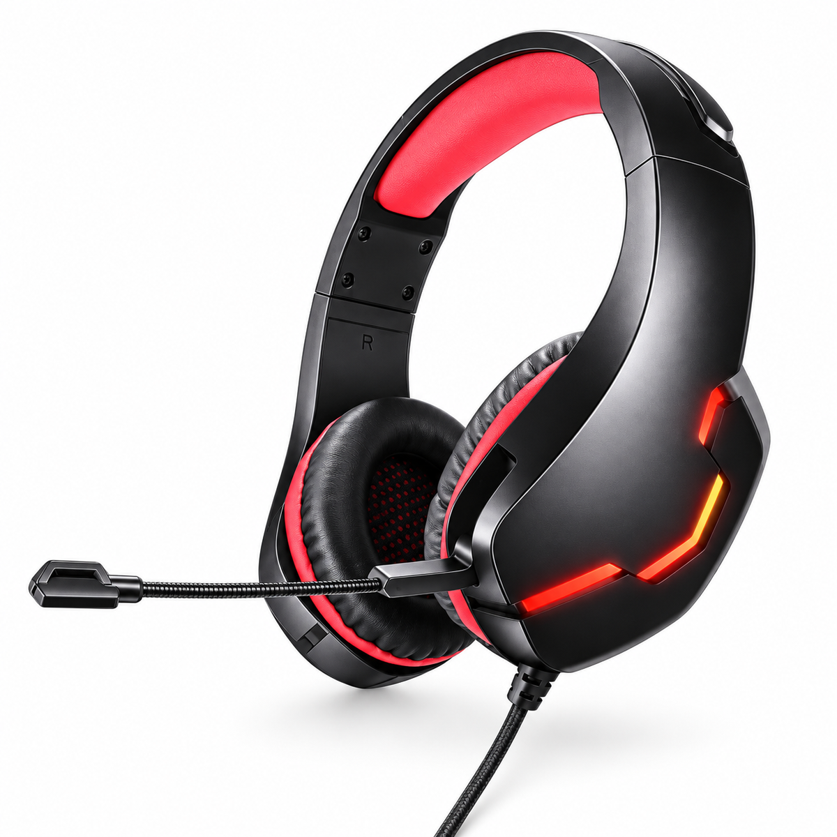 J10 Gaming Headset svart/röd med LED-belysning och flexibel mikrofonarm