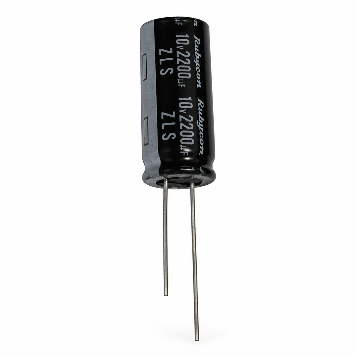 Rubycon ZLS 2200 µF 10 V radial capacitor with two leads on white background