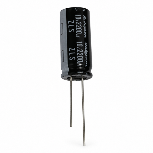 Rubycon ZLS 2200 µF 10 V radial capacitor with two leads on white background