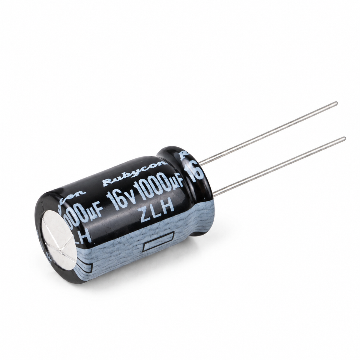 Rubycon 1000µF 16V Low Impedance Aluminium Electrolytic Capacitor – 16ZLH1000MEFC10X16 – produktbild på vit bakgrund