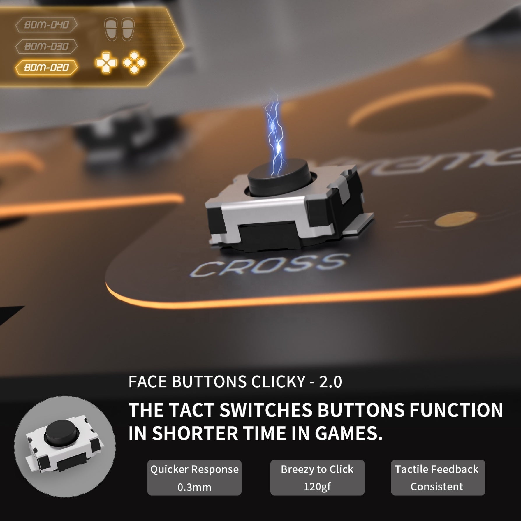 eXtremeRate PFMD006V2 Face Buttons Clicky 2.0 – tact switch med 0,3mm trip och 120gf aktiveringskraft