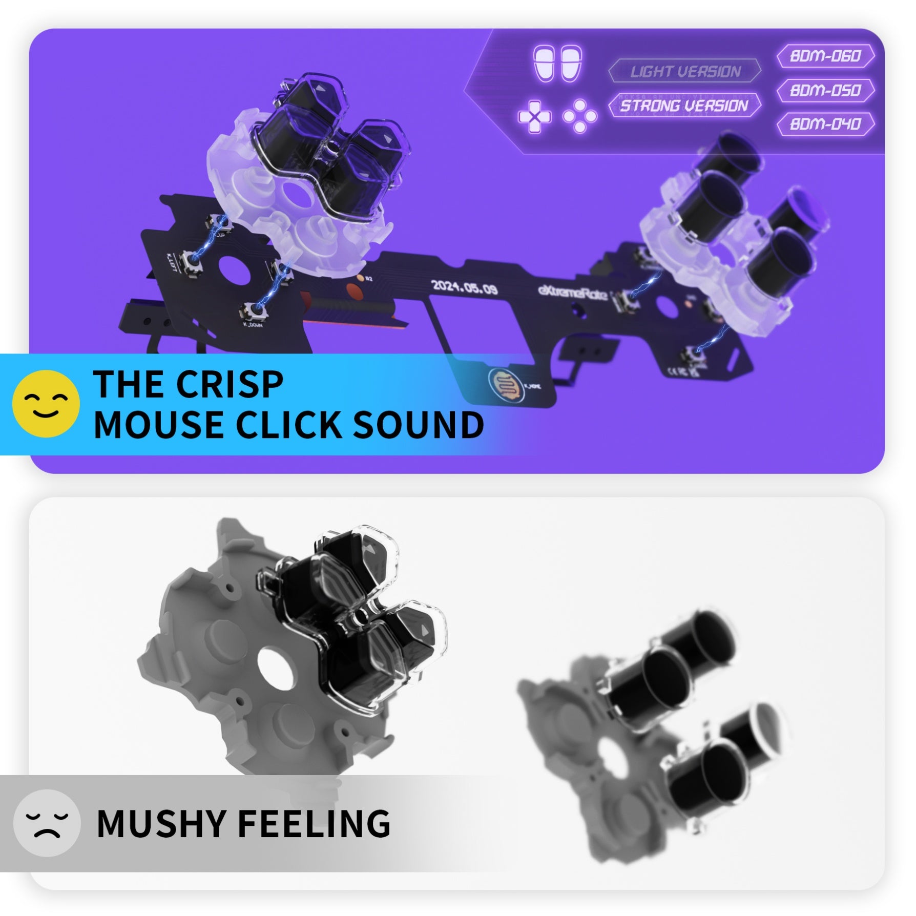 eXtremeRate PFMD017V2 Clicky Kit – tydlig musliknande klickkänsla jämfört med mjuk originalrespons