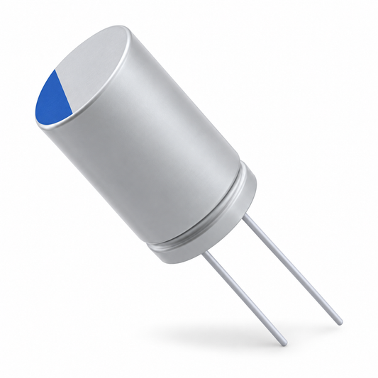 KEMET 680µF 35V Radial Polymer Capacitor – A750MW687M1VAAE018 – representativ produktbild på vit bakgrund