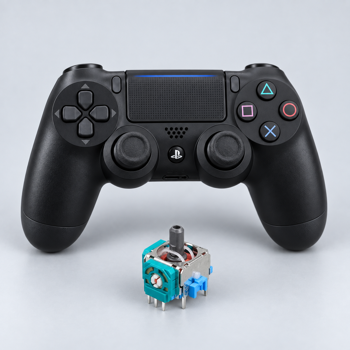 PS4 DualShock 4 med en joystickmodul – stick drift-reparation, illustration baserad på reservdelsfoto