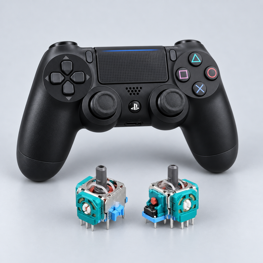 PS4 DualShock 4 med två joystickmoduler – stick drift-reparation, illustration baserad på reservdelsfoto