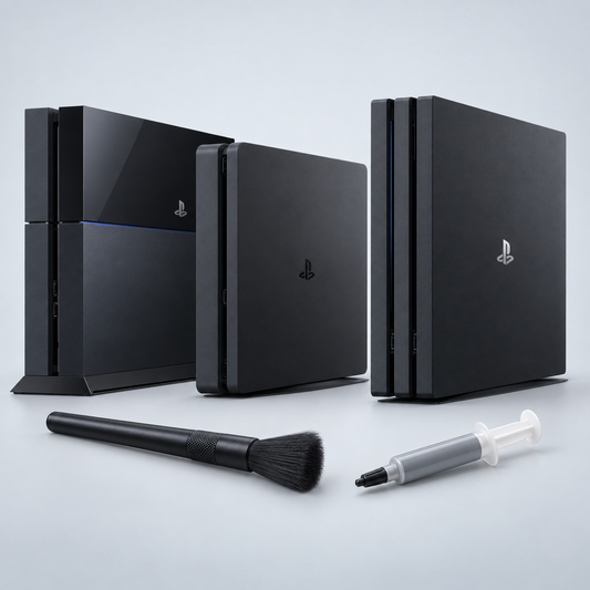 Illustration av PS4 Standard, Slim och Pro med borste och kylpasta för rengöring och kylservice