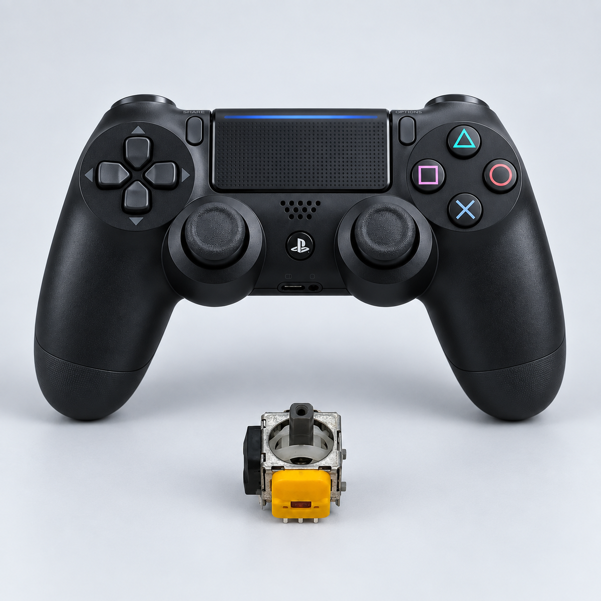 PS4 DualShock 4 med en joystickmodul – Hall Effect, illustration baserad på reservdelsfoto