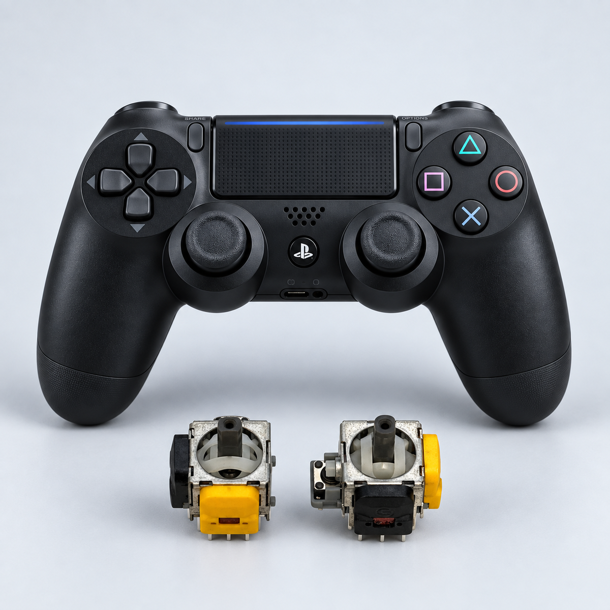PS4 DualShock 4 med två joystickmoduler – Hall Effect, illustration baserad på reservdelsfoto
