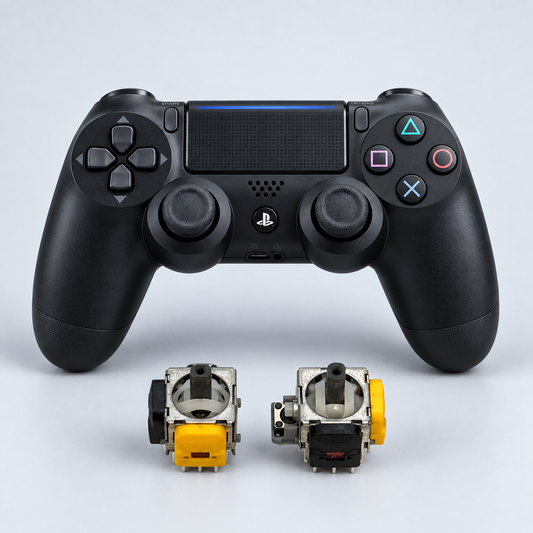 PS4 DualShock 4 med två joystickmoduler – Hall Effect, illustration baserad på reservdelsfoto