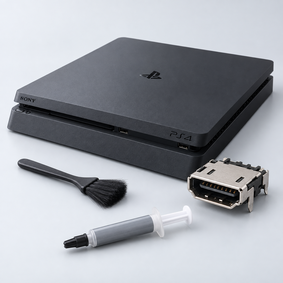 Illustration av PS4 med HDMI-kontakt, borste och kylpasta för HDMI-reparation inklusive kylservice