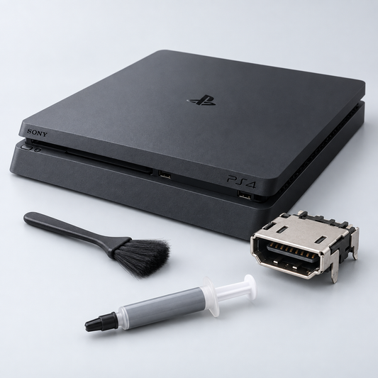 Illustration av PS4 med HDMI-kontakt, borste och kylpasta för HDMI-reparation inklusive kylservice