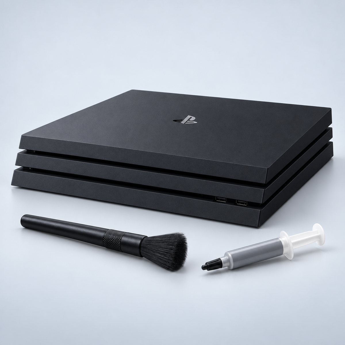 Illustration av PS4 Pro med rengöringsborste och kylpasta för rengöring och kylservice