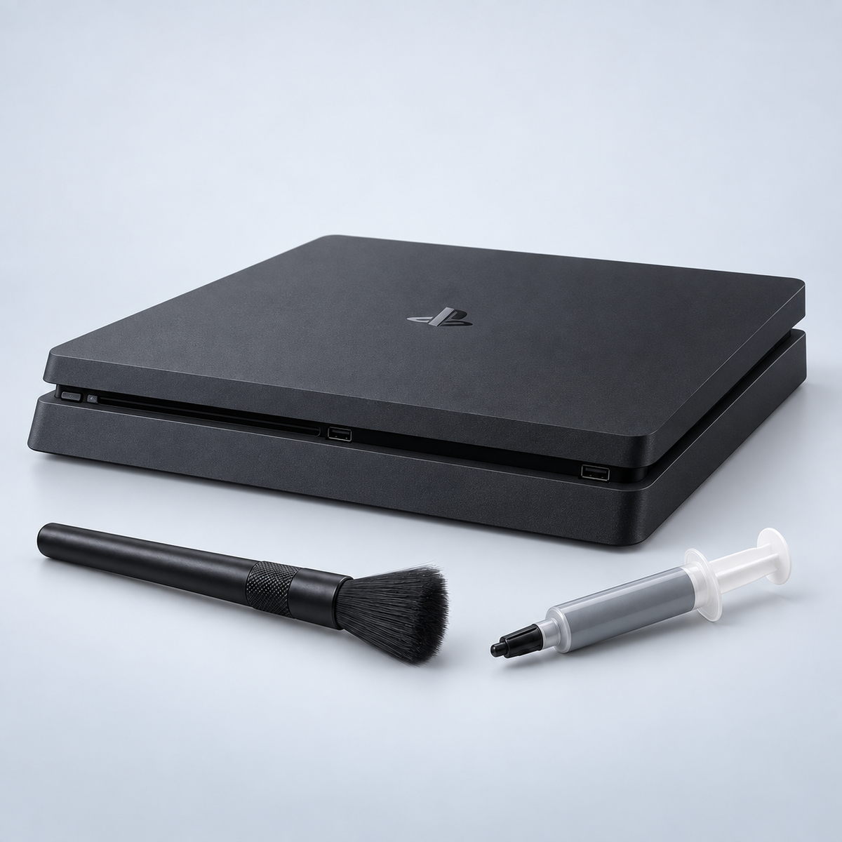 Illustration av PS4 Slim med rengöringsborste och kylpasta för rengöring och kylservice