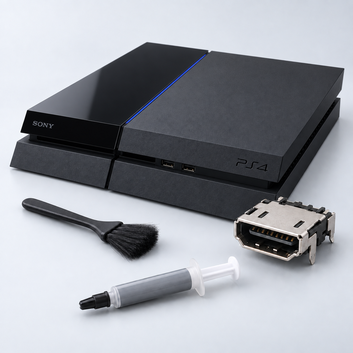 Illustration av PS4 Standard med HDMI-kontakt, rengöringsborste och kylpasta