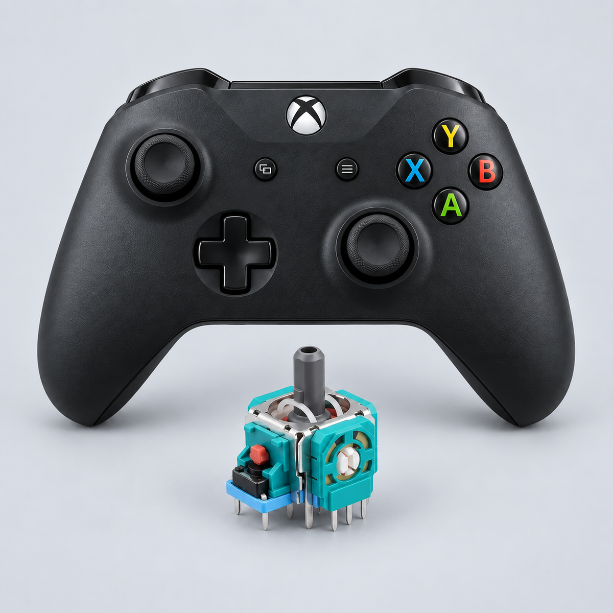 Xbox One med en joystickmodul – stick drift-reparation, illustration baserad på reservdelsfoto