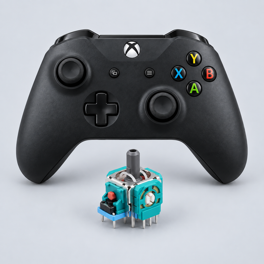 Xbox One med en joystickmodul – stick drift-reparation, illustration baserad på reservdelsfoto