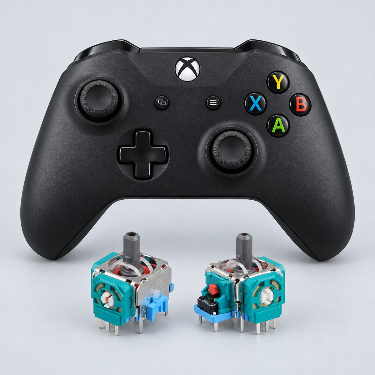 Xbox One med två joystickmoduler – stick drift-reparation, illustration baserad på reservdelsfoto
