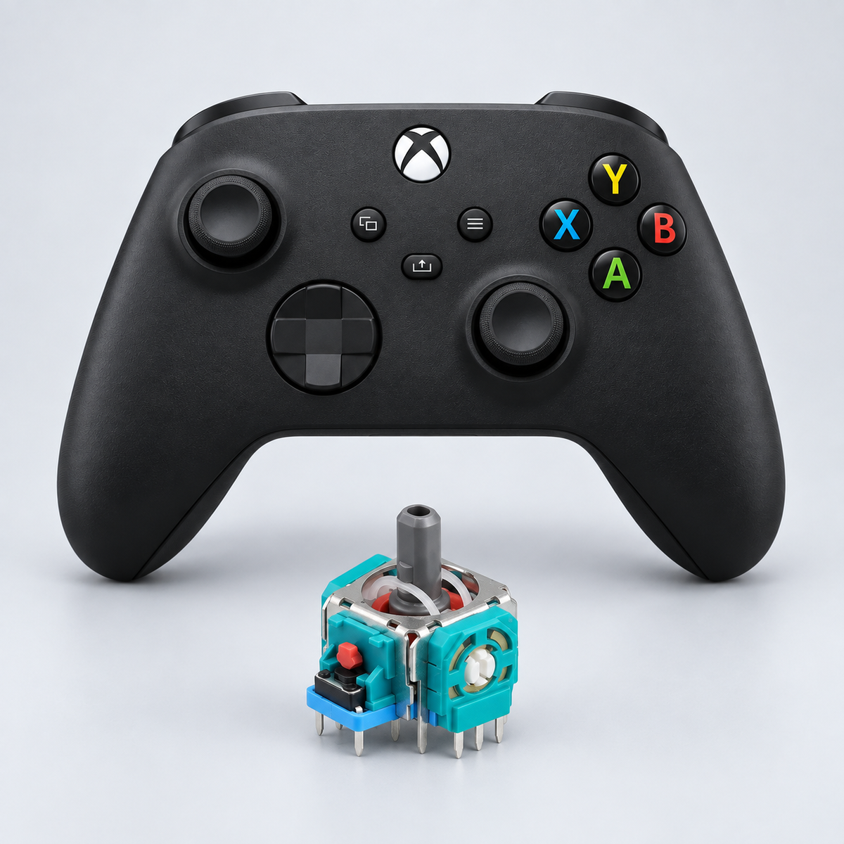 Xbox Series X/S med en joystickmodul – stick drift-reparation, illustration baserad på reservdelsfoto