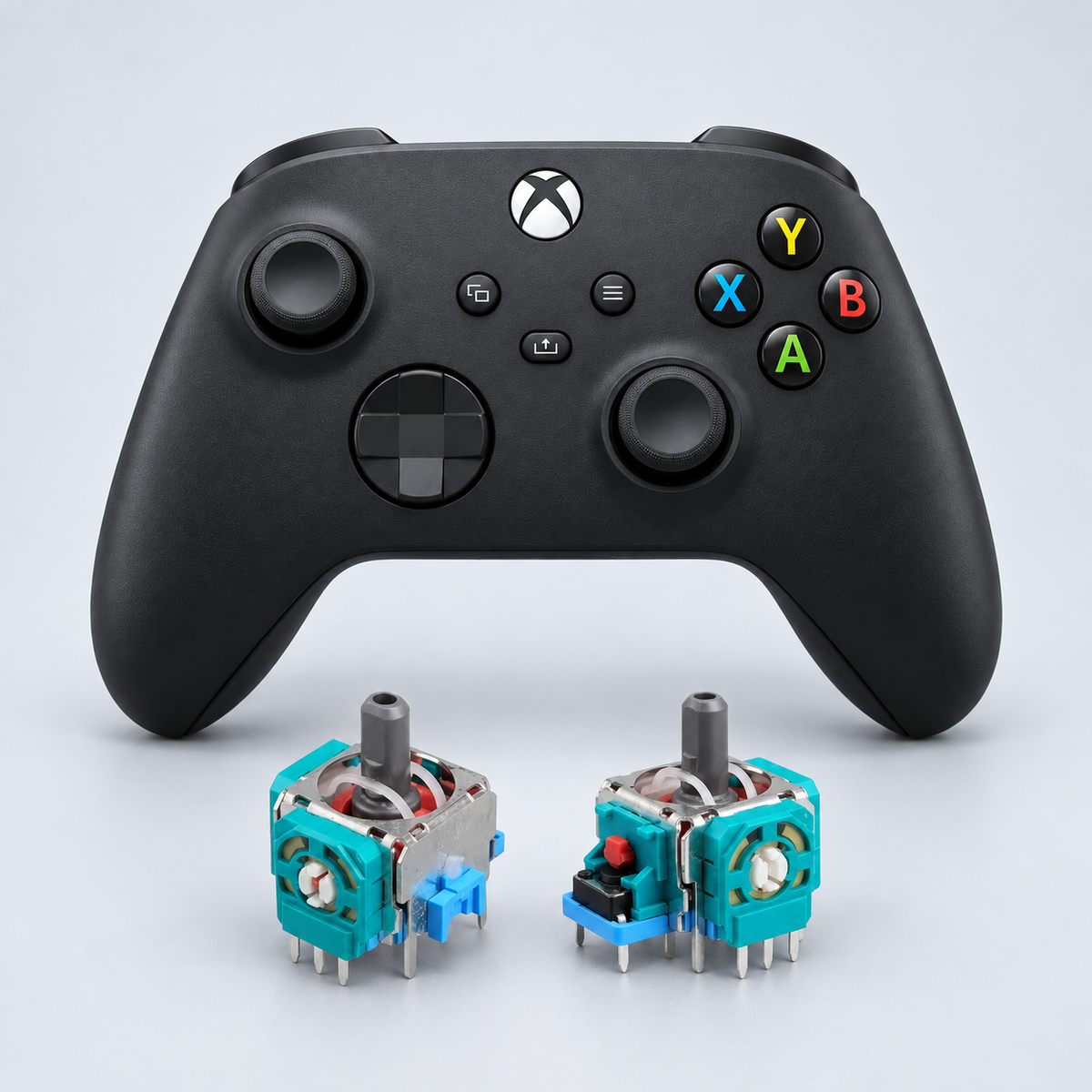 Xbox Series X/S med två joystickmoduler – stick drift-reparation, illustration baserad på reservdelsfoto
