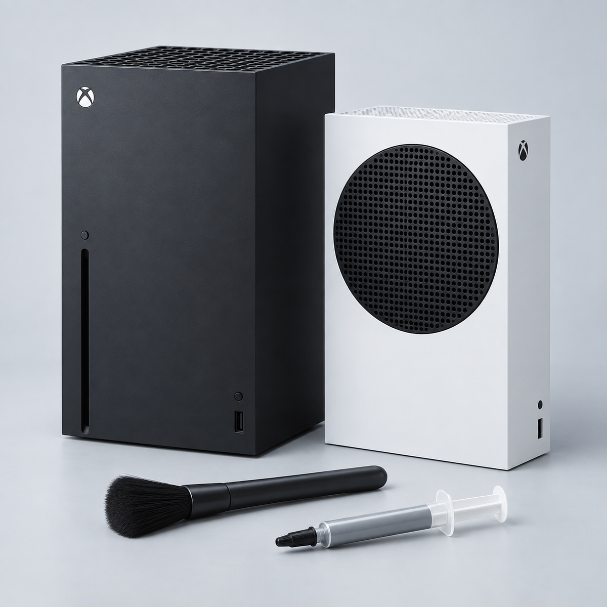 Illustration av Xbox Series X och Series S med borste och kylpasta för kylservice