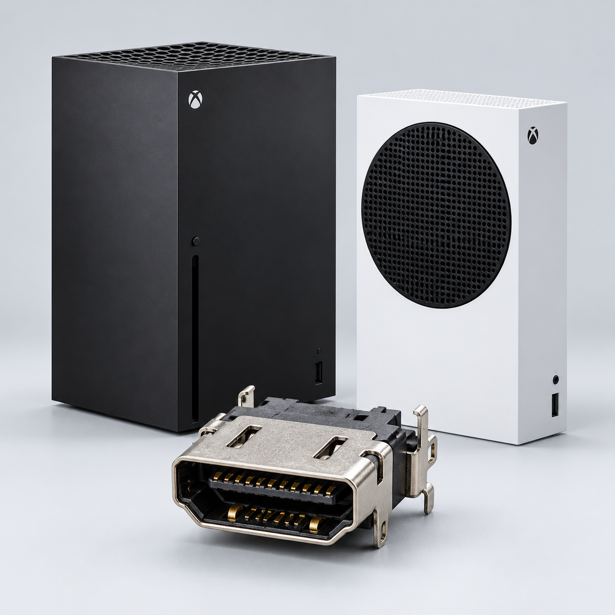 Illustration av Xbox Series X och Series S med HDMI-kontakt för portbyte